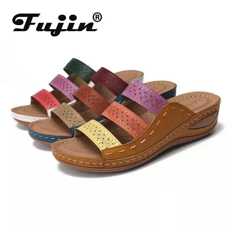 

Fujin Summer 2020 Women Slippers Fashion Low Heels Breathable Platform Outside Mixed Color Open Toe Flat Bottom Women Sandals