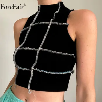 

Forefair 2020 Black Summer Sleeveless Crop Top Women Turtleneck Patchwork Hollow Out Cami Party Ribber Sexy Tank Top Fashion