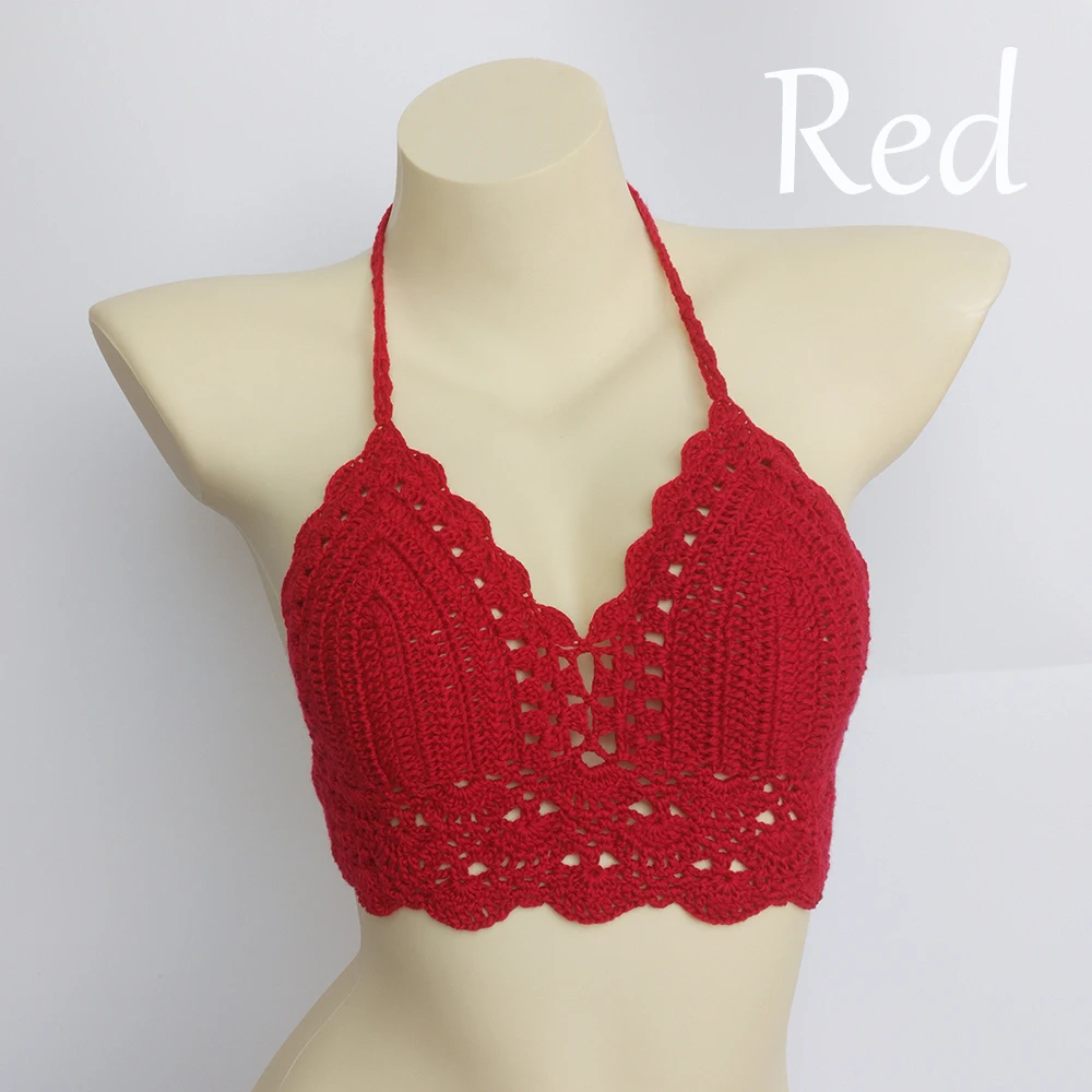 10 Colors Have Lining Womens Bikini Top Sexy Crochet Knit Separate Female Swimsuit Push Up Bra Beachwear Plus Size Bathing Suits - Цвет: red top