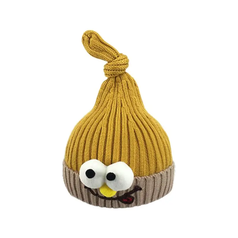 Y Korean Kids Toddler Knitted Hat Cartoon Big Eyes Contrast Color Kawaii Embroidery Baby Knotted Top Cuffed Beanie Cap 3-1 - Цвет: Y