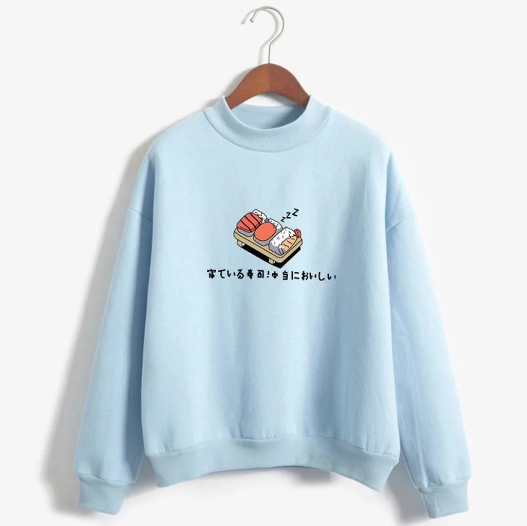 JAYCOSIN Fashion Women Casual Simple Sushi Printed Hooded Loose Sweatshirt Comfortable Soft Sweet Cute Pullover Top Blouse