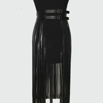 

Sexy Women PU Leather Belt Skirts Short Long Skirt Club Party Slim Fringe Skirt Female Black Skirts Belt Decorative Halloween