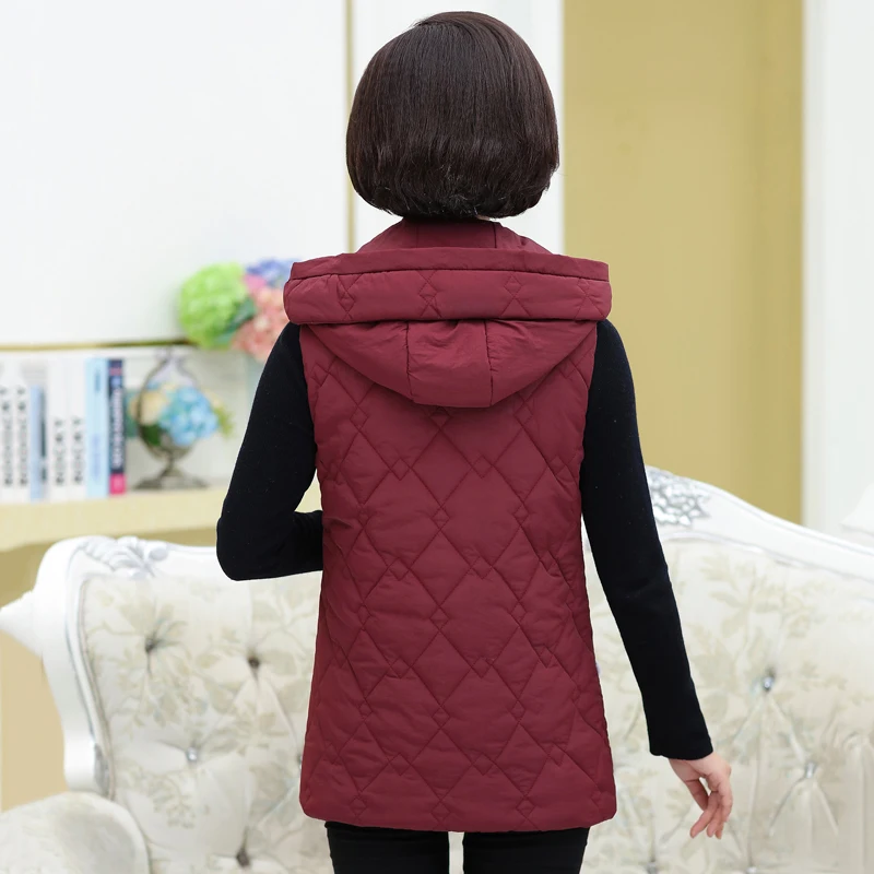 Осень зима с капюшоном жилет для женщин для женщин средних лет хлопок жилет плюс размер теплая верхняя одежда пальто жакет без рукавов