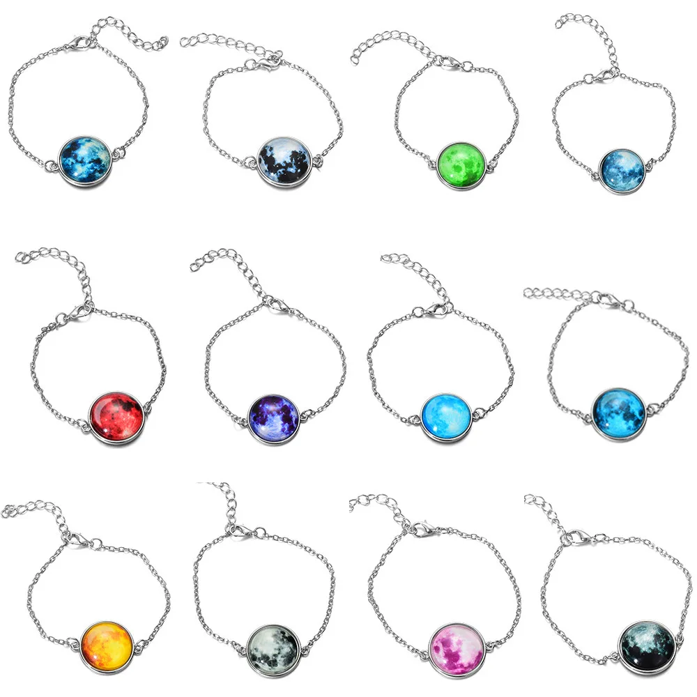 

Gleamy Universe Star Planets Charm Bracelets Stainless Steel Chain Links Trendy Unisex Round Glass