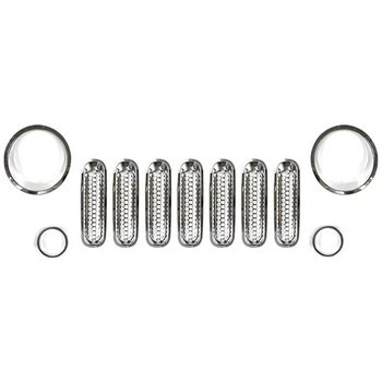 

11Pcs Silver Front Grill Mesh Grille Insert Kit & Headlight Cover for 2007-2017 Jeep Wrangler JK & JK Unlimited