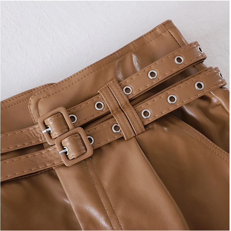 Black Khaki Color PU Leather High Waist With Double Belts Wide Leg Faux Leather Shorts Autumn Winter Loose PU Shorts
