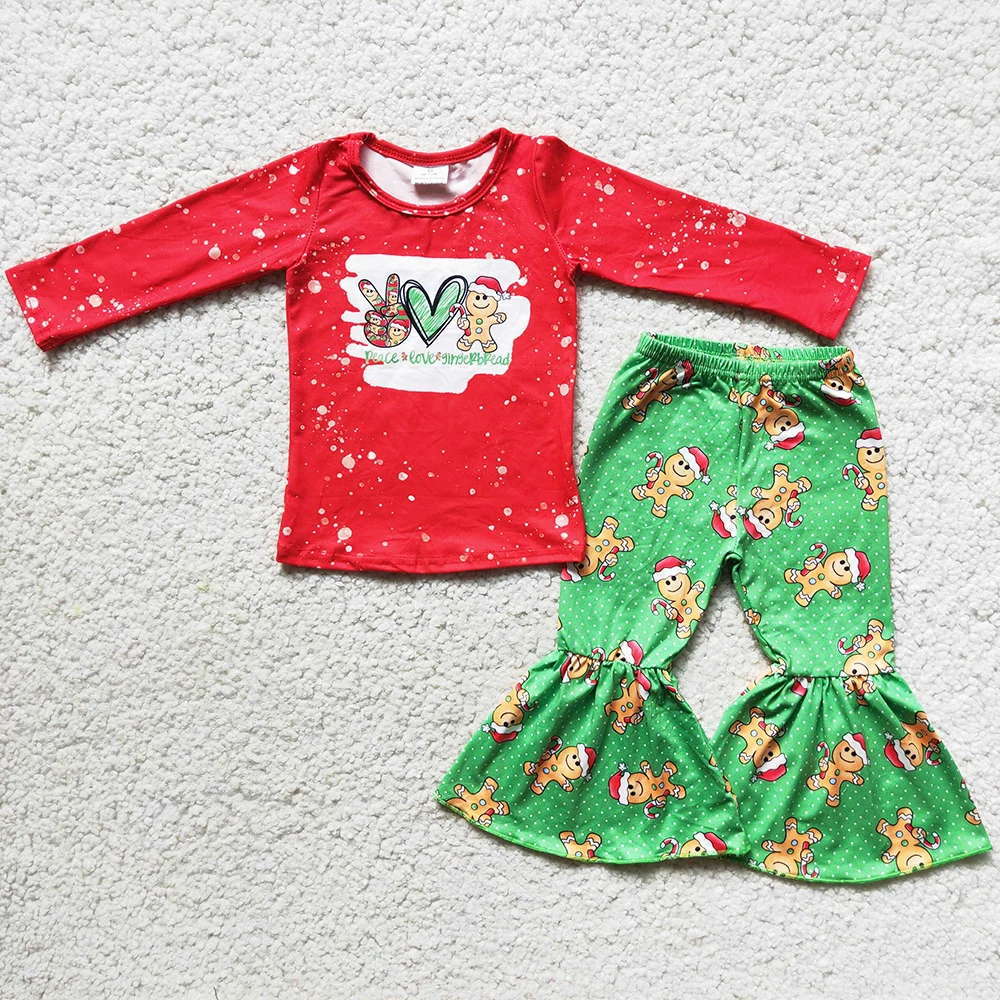 

Hot Sale Baby Girl Designer Clothes Peace Love Gingerbread Christmas Girls Clothing Fashion Bell Bottom Pants Toddler Outfits