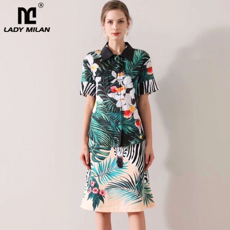 Women's Runway Designer Twinsets Turn Down Collar Short Sleeves Shirt with Empire Waist Skirt Two Piece Dress Set Suit |