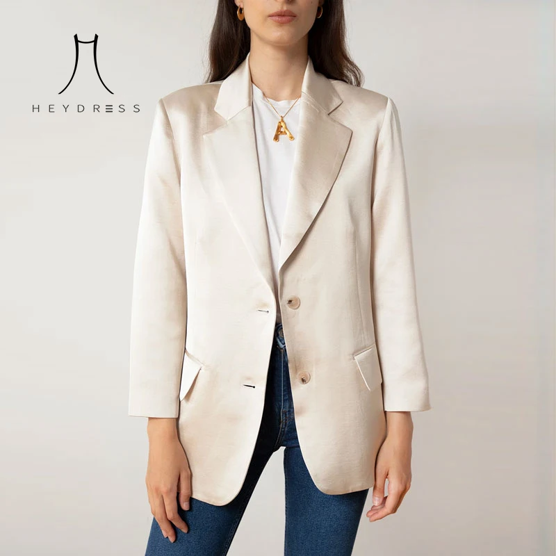 

Heydress Autumn Winter New Silky Satin Blazer Women Suit Workwear Office Lady Single Breasted Button Glossy jacket
