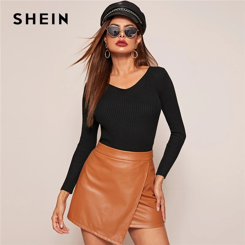 SHEIN однотонный облегающий эластичный свитер Basics с v-образным вырезом для женщин, осень, с длинным рукавом, для офиса, для девушек, в рубчик, вязанный, Повседневный свитер