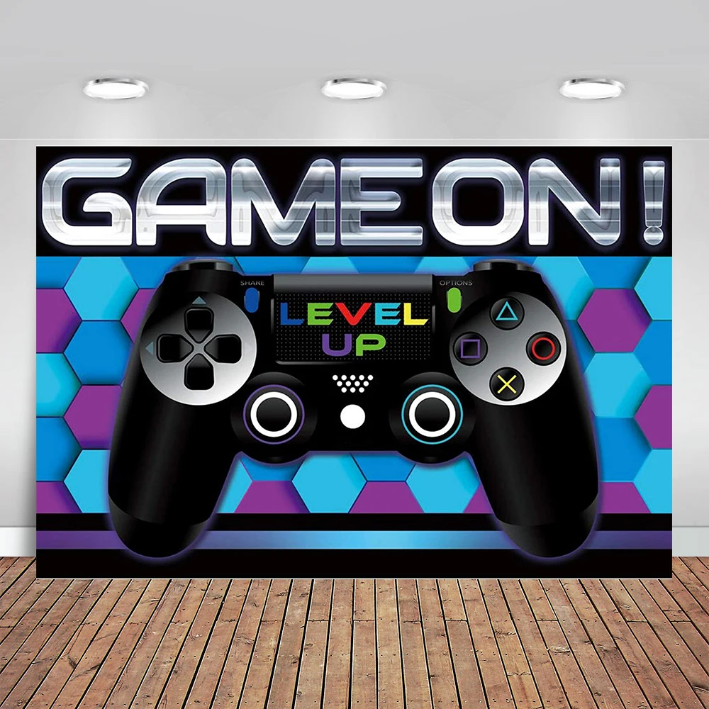 Azul Vídeo Game Aniversário Pano de Fundo para o Menino Nível up Banner Crianças Fontes de Festa Playstation Tema Decoração da Parede do Chuveiro do Bebê