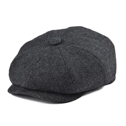 BOTVELA Tweed Wool 8 piece Black Herringbone Newsboy Cap Men Classic 8-Quarter Panel Style Flat Caps Women Beret Hat 005
