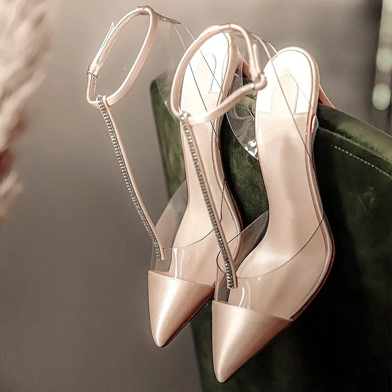 

Summer satin pointed toe rhinestone stiletto high-heeled sandals sexy PVC stitching party dress plus size small size womens shoe
