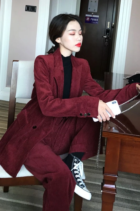 Корейский, женский костюм, повседневные брючные костюмы для женщин, женский Красный Блейзер большого размера, комплект Conbinaison Femme Ropa, официальный Mujer