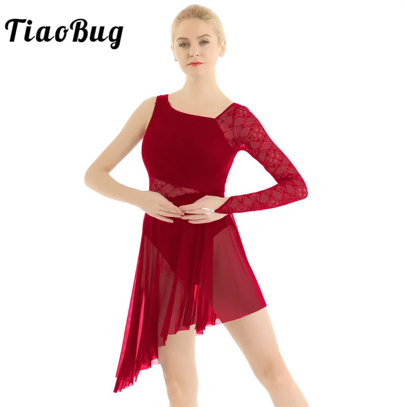 

TiaoBug Adults Single Long Sleeve Asymmetrical Lace Lyrical Dance Costumes Gymnastics Leotard Women Ballet Figure Skating Dress