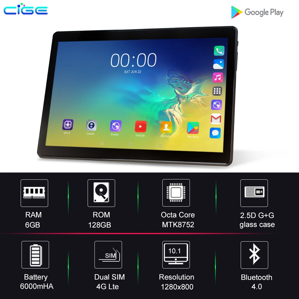 CIGE Mx960 10.1 Inch Tablet PC Android 9.0 6GB RAM+128GB ROM Octa Core IPS WiFi GPS Tablets Mobile