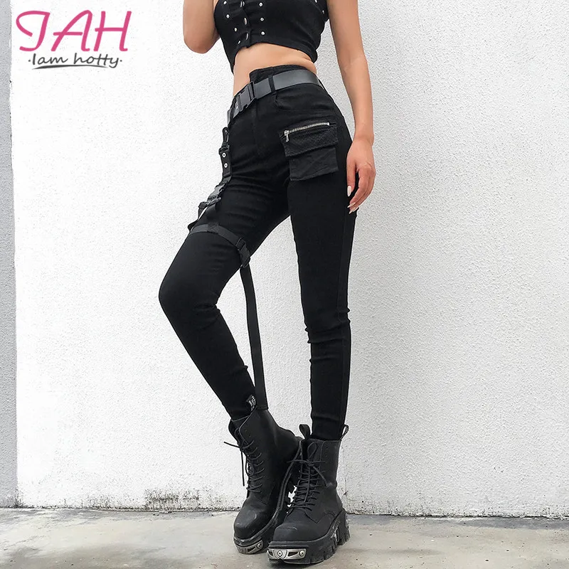 IAMHOTTY женские спортивные штаны с ленточным карманом и кольцом для ног, мотоциклетные и байкерские черные брюки в стиле панк, готика, обтягивающие однотонные уличные брюки с высокой талией