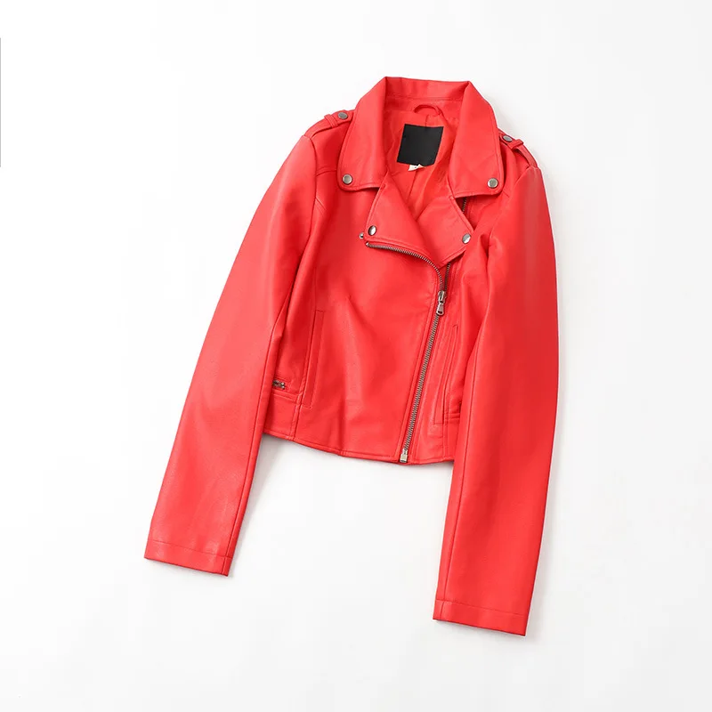 

Y3430 Lettered Applique Dragon Embroidered Totem Pu Washing Jacket Reddish Black Two-color Biker Coat Women's