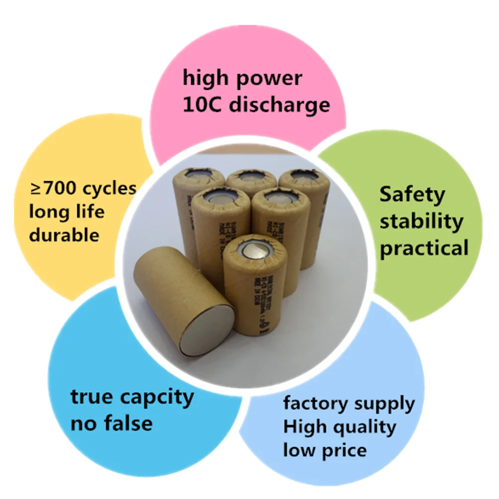С вкладками 6 шт. Ni CD SC1300mAh Высокая мощность 10C 1.2В аккумуляторная батарея для