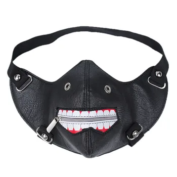 

Fashion Mouth Print Unisex Punk PU Leather Mask Women Halloween Gothic Streetwear Black Zip Up Breathable Face Masks Protection
