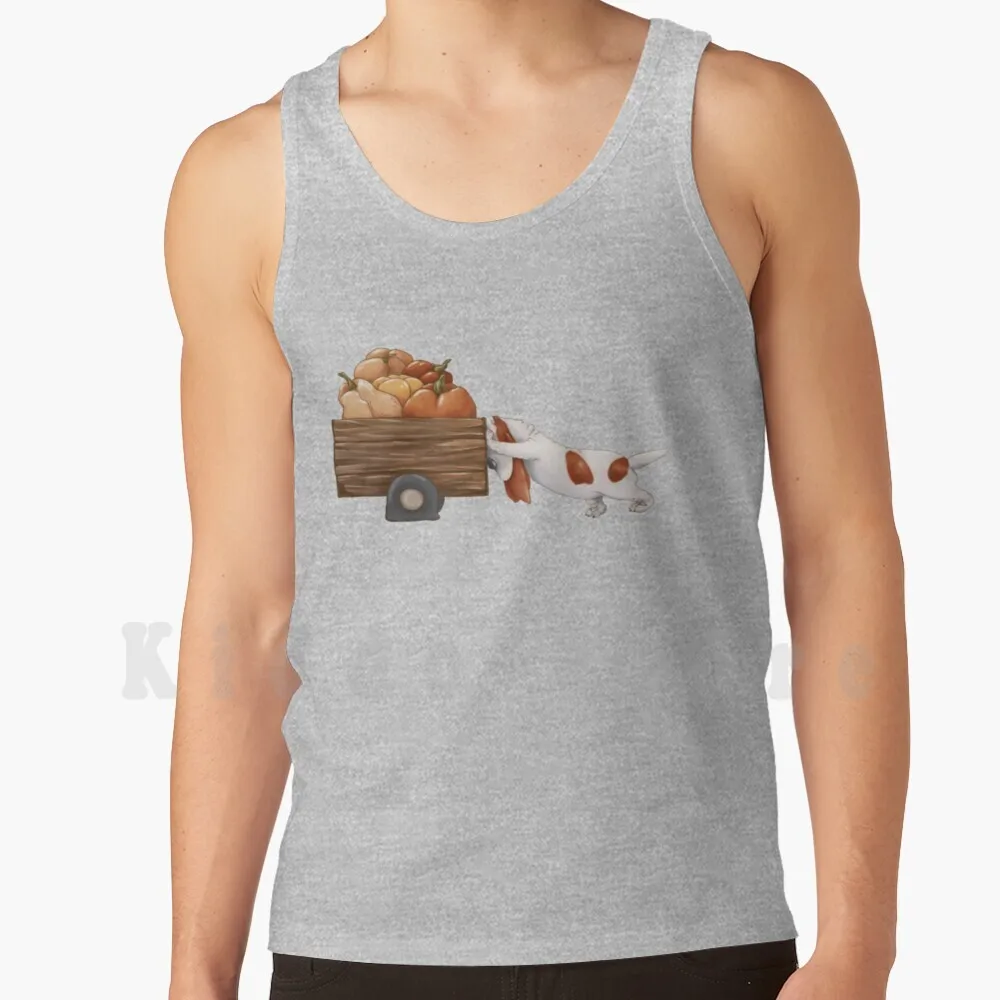 Basset Hound Premendo Un Carrello Con Zucche Gialle. Autunno Raccolta. Canottiere Gilet 100% Cotone Cane Razza Basset Spinge Carrello