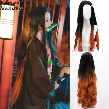 

DIANQI Fashion Kamado Nezuko 100cm Long Wavy Synthetic Hair Wig Anime Cosplay Wig Black Ombre Orange Wigs For Women