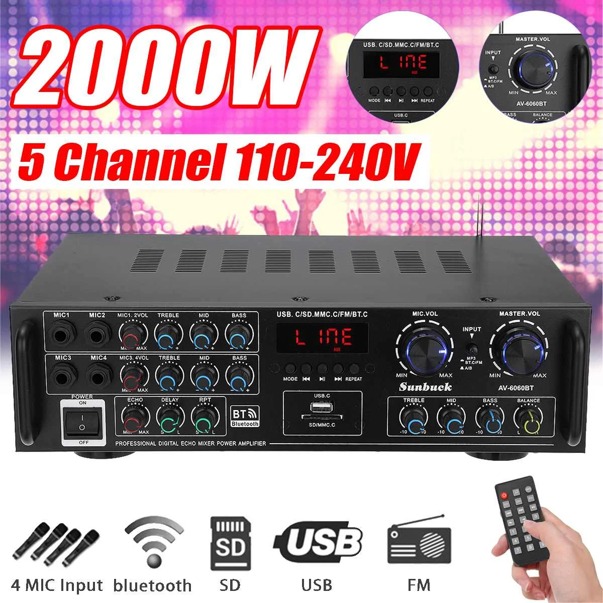 2000W 5 Channel 4 Way 110 220V Car Home 