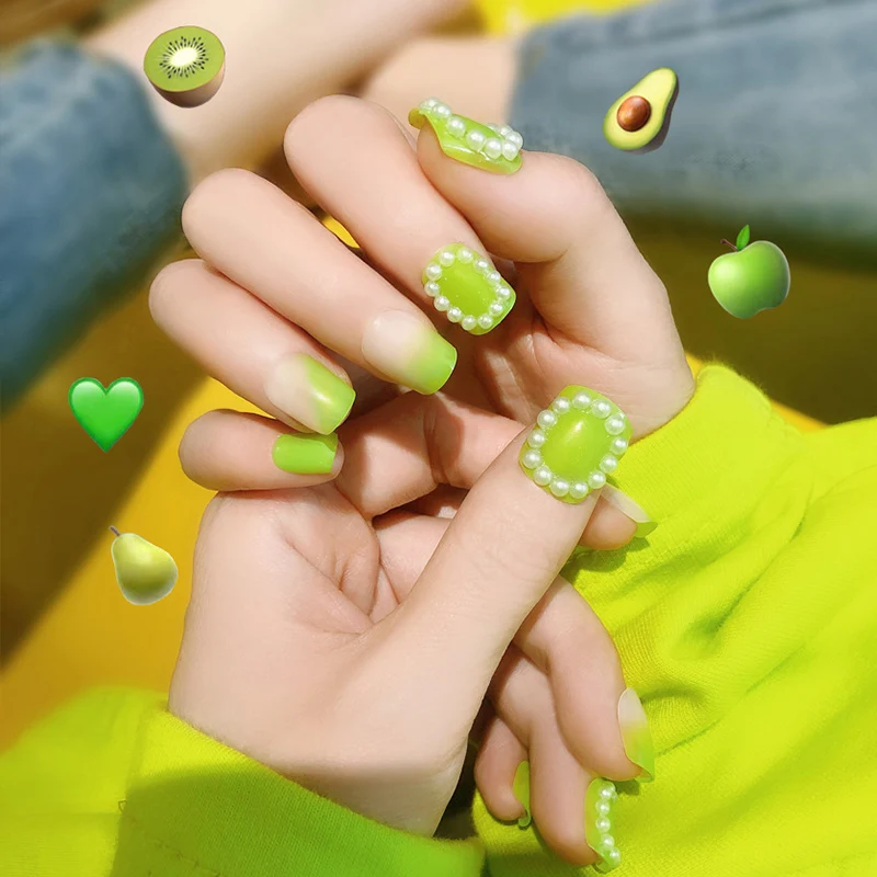 24 шт поддельные ногти набор маленькие свежие флуоресцентные зеленые короткие круглые ногти с клеем Модные индивидуальные накладные ногти TN