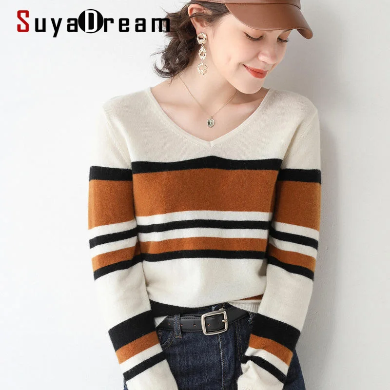 

SuyaDream Woman Striped Sweaters 100%Wool V neck Pullovers 2020 Fall Winter Knit Top