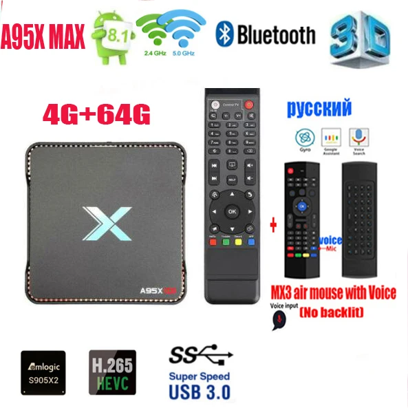 4G 64G MX3 VOICE ТВ-приставка A95X MAX X2 Android 8,1 4 Гб 64 Гб Amlogic S905X2 2,4G и 5G Wifi BT4.2 1000M Smart tv приставка с Поддержкой записи видео приставка - Цвет: 4G 64G MX3 VOICE
