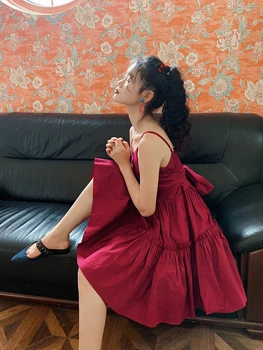 

French Retro Literary Little Red Sweet Suspender Dress Female 2020 New Spring and Summer