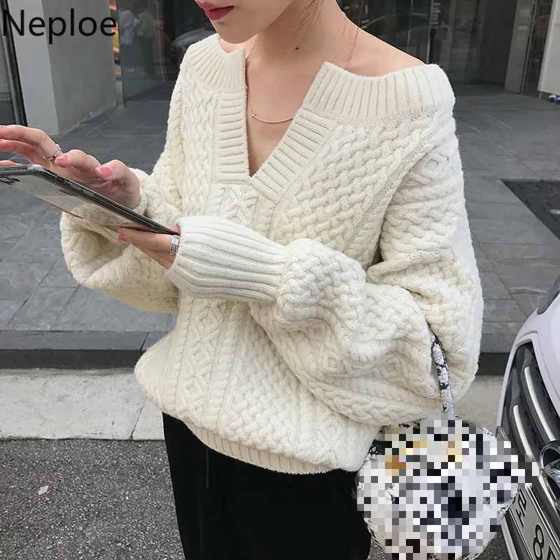 Neploe, женский толстый свитер с v-образным вырезом, без бретелек, на плечах,, однотонный пуловер, джемпер, Harajuku, шикарный, витой, для женщин, для девушек, 47820