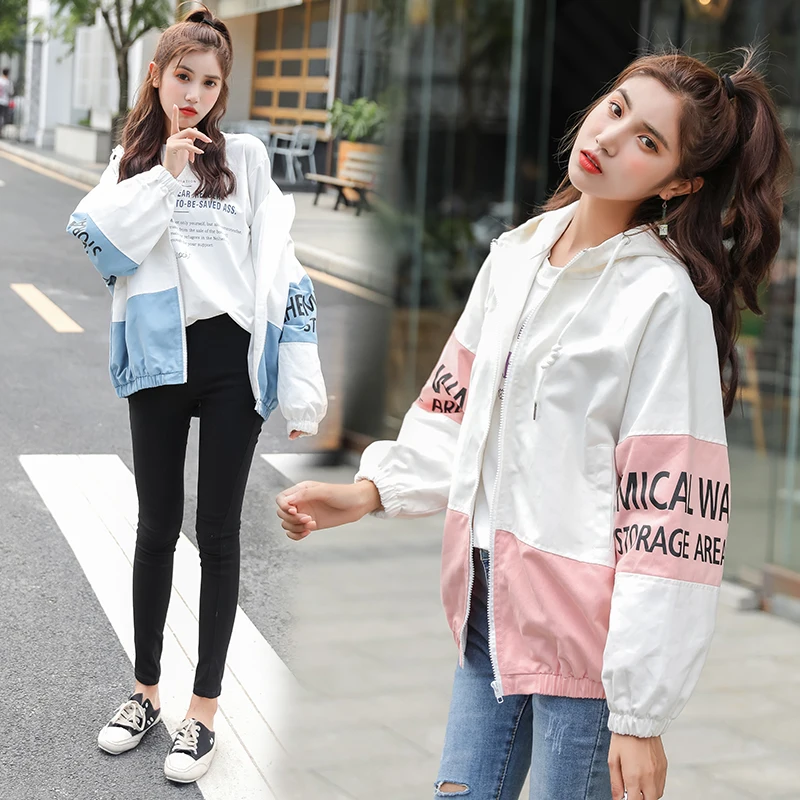 

2019 Autumn New Women's Jacket Korean Fashion Stitching Letter Printing Thin Section Loose Casual Tooling Coats Zippers Hooded