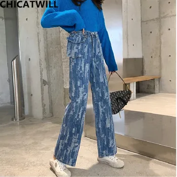 

BF High Waist Wide Leg Denim Jeans Destroyed Washed Ripped Straight Jeans Girls Casual Loose Pants Boyfriend Women Jeans Female
