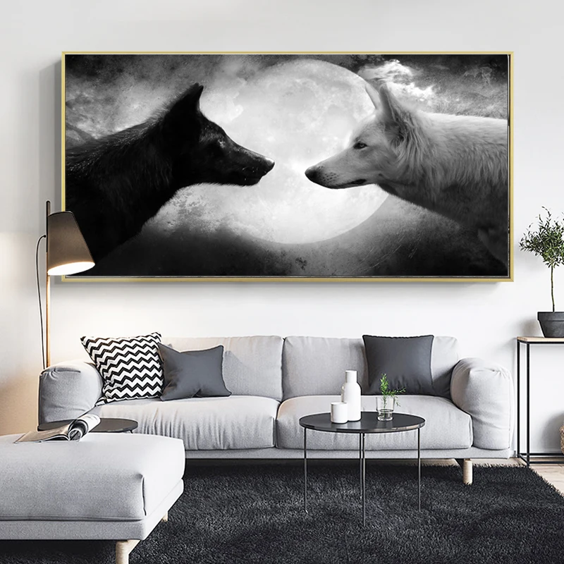 Бескорыстно черный и белый волк и Луна Холст Живопись стены Искусство плакаты принты для гостиной декоративные картины без рамы