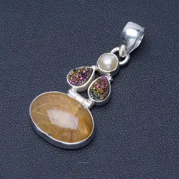 

Natural Golden Rutilated Quartz, Druzy and River Pearl 925 Sterling Silver Pendant 1 3/4" Q0536