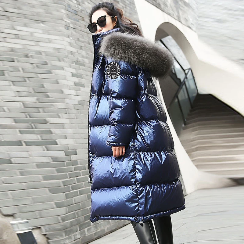Koop Fur Hooded Lange Winter Donsjacks Vrouwen Effen Reflecterende Plus Size Parka Streetwears Vrouwelijke Thicken Warm Duck Down Jassen Nieuwe