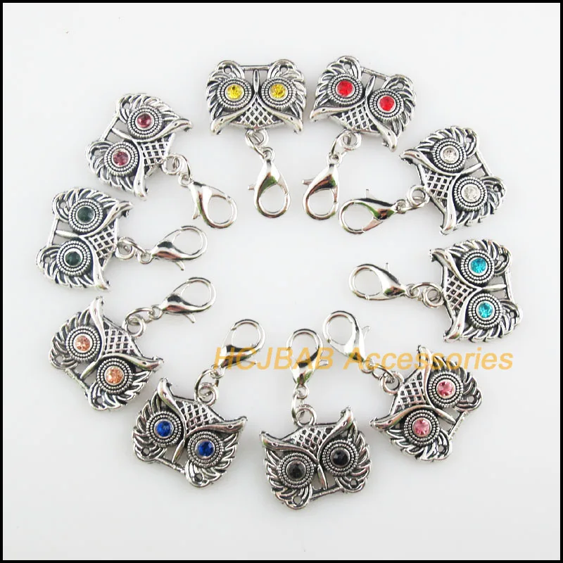 

10 New Owl Head 16x18mm Charms Mixed Round Crystal Tibetan Silver Plated Retro With Lobster Claw Clasps