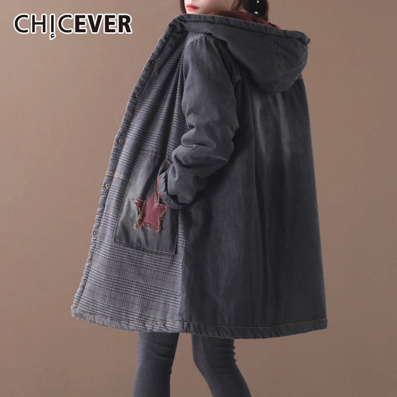 CHICEVER Ретро стиль пэчворк хит цвета женское хлопковое пальто с капюшоном длинным