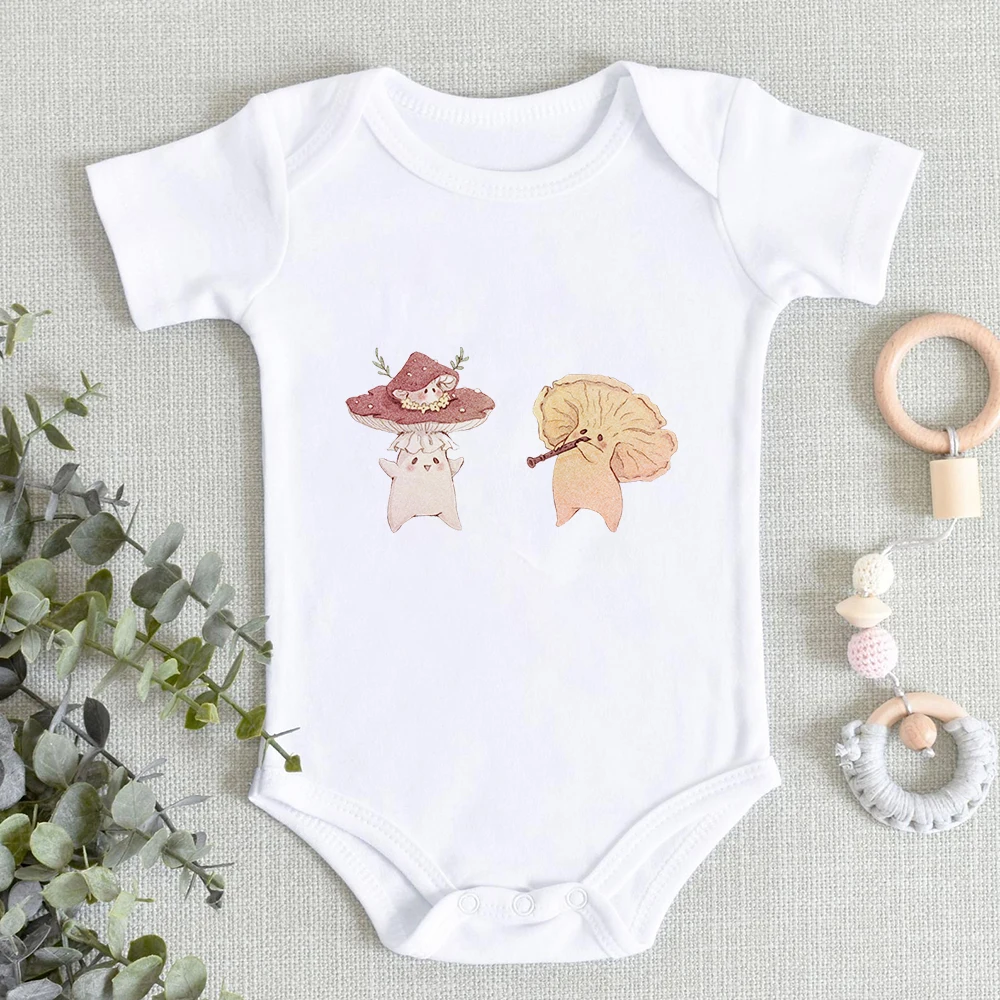 

Cute Mushroom Cartoon Baby Clothes Fashion Summer Newborn Boys Girls Bodysuit Summer Casual Twin Babies Clothing Basic White Top