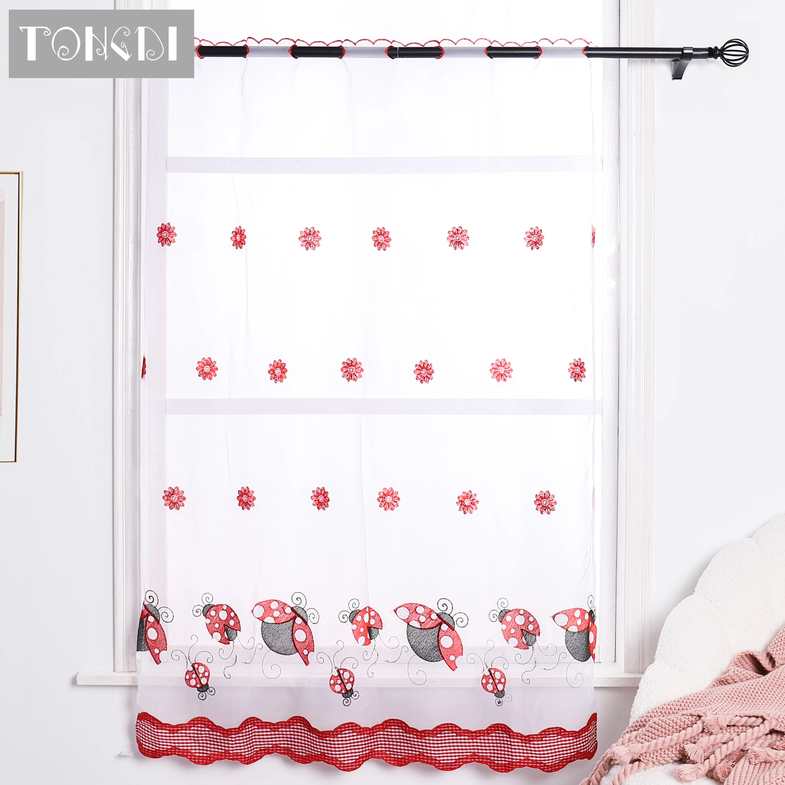 TONGDI Home Kitchen Curtains Short Tiers Cartoon Animal Embroidery White Tulle Valance Decoration For Window Kitchen Dining Room