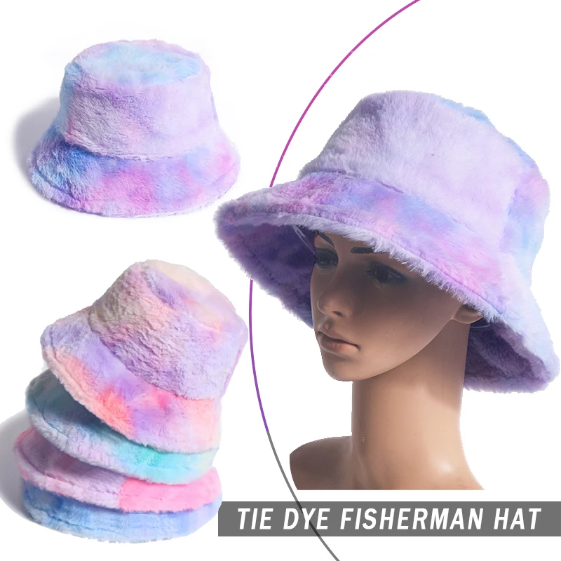

Pink Faux Fur Bucket Hat For Women Girl Rainbow Tie Dye Soft Warm Fishing Cap Plush Fisherman Caps Winter Lady Gifts Gorros