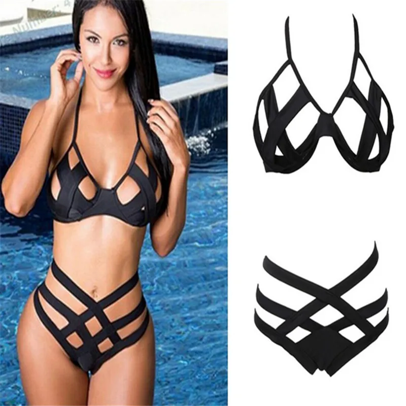

Fashion Women High Waisted Push-up Bandage Bikini Set Swimwear Hollow Out Elastic Cage Bra Two Piece Swimsuit Bathing Suit
