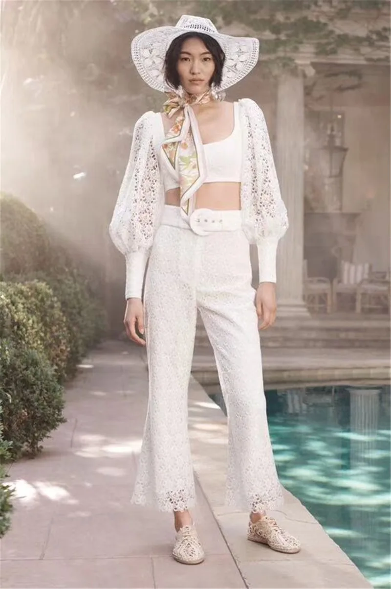 

Lace Hollow Out Woman 2 Piece Pants Sets Long Sleeve Perspective Short Tops High Waist Sashes Wide Leg Pants Autumn White Sets