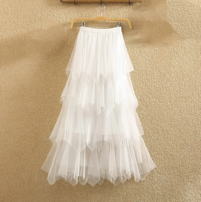 White 2 Женские Асимметричные тюлевые юбки, модная эластичная высокая талия, сетчатая юбка-пачка со складками, Длинная Юбка-миди Saias Faldas Jupe Femmle - Цвет: White 2