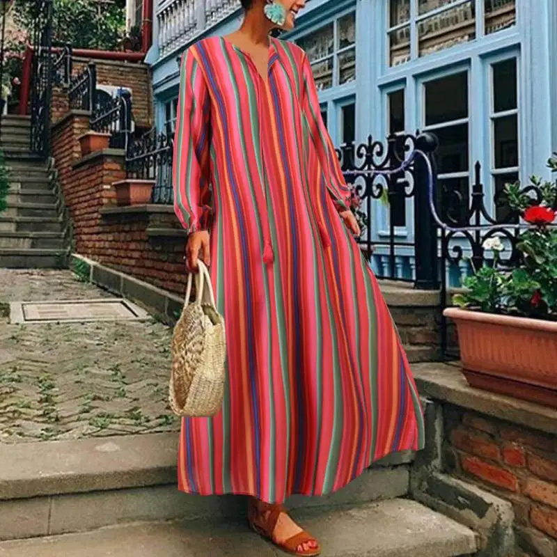

VONDA Summer Dress 2019 Autumn Spring Casual Loose Long Sleeve Striped Holiday Dresses Party Sundress Plus Size 5XL Vestidos