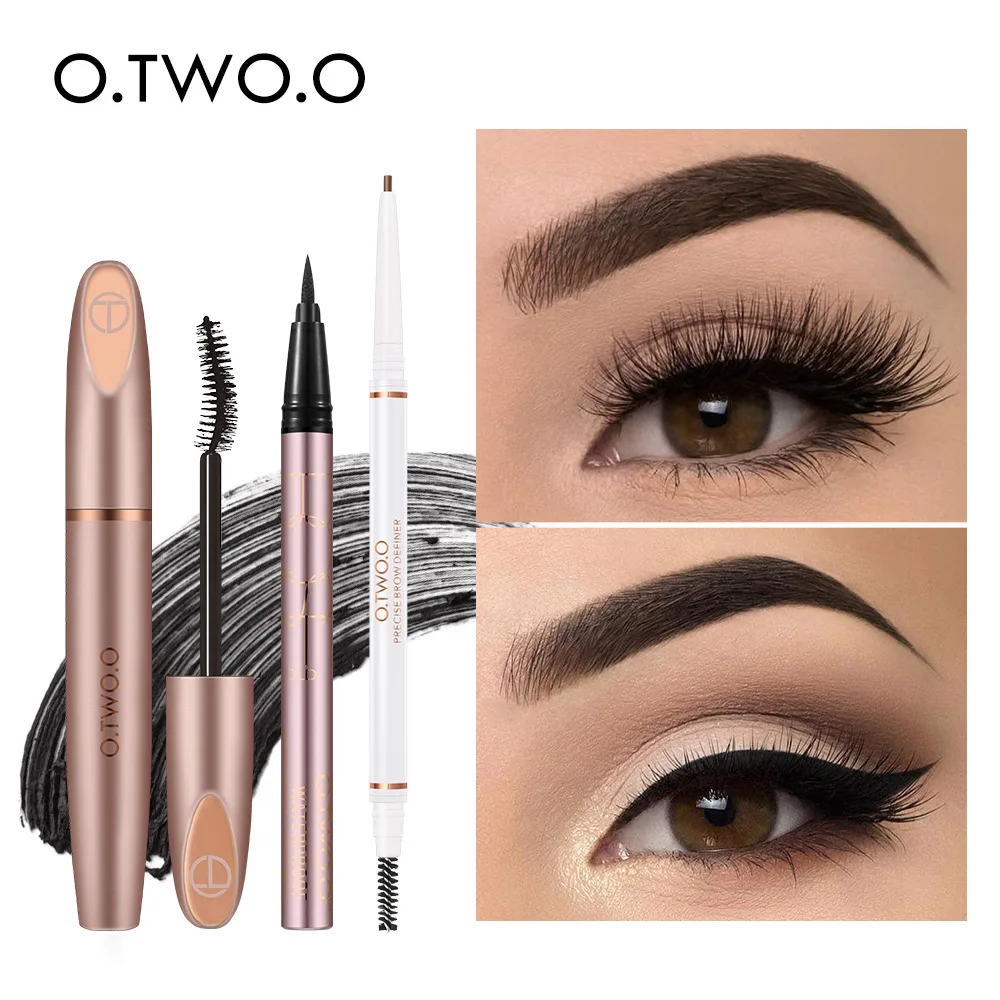 

O.TWO.O Eyes Makeup Set 3pcs Long Lasting Waterproof Black Eyeliner Ultra Fine 1.5mm Eyebrow Lengthening Mascara Cosmetic Kit