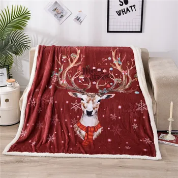 

Christmas Blanket 3D Elk Sherpa Blankets Red Color Plush Bedspread Soft Warm Linens Xmas Gift