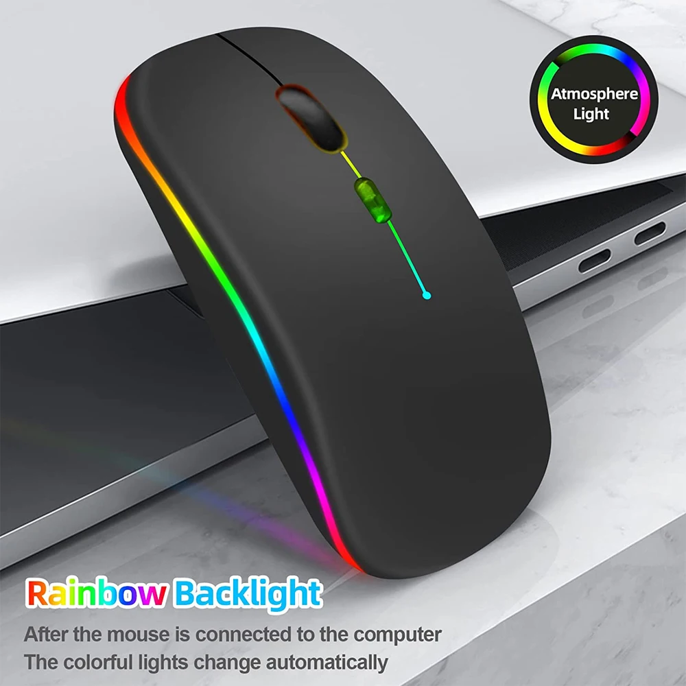 WREANU Wireless Bluetooth Mouse Rechargeable Laptop Mice With LED Lights Silent Slim Use(BT5.2 And 2.4G Portable USB) Dual Mode Computer Mouse For Laptop/iPad/Tablet/Apple/Computer/Mac (Black) - Color Black | Guatemala