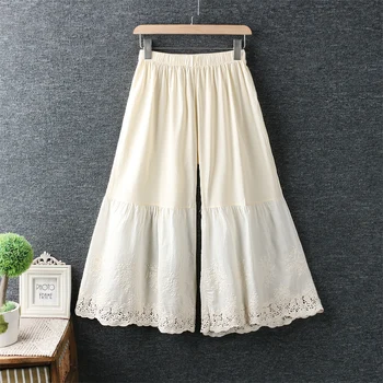 

New summer Japanese style fresh elastic waist embroidery cotton linen Wide Leg Pants loose casual pants